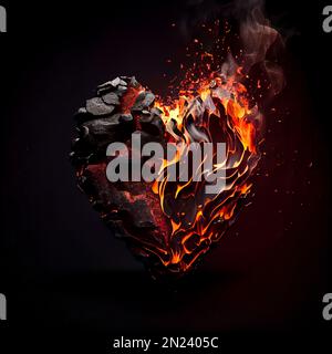 Coeur de lave noir sur flamme isolée sur fond noir. Amour et passion illustration artistique symbolique. Décoration pierre coeur brûlant sur l'affiche de feu. Banque D'Images