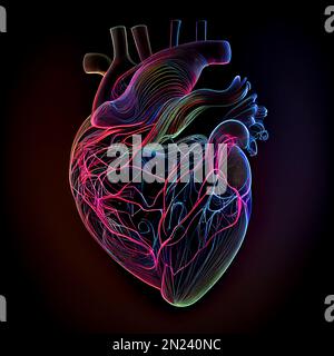 Cœur humain composé de fils au néon isolés sur fond noir. Les lignes brillantes adorent l'illustration artistique du concept. Affiche décorative en forme de coeur avec éclairage au néon. Banque D'Images
