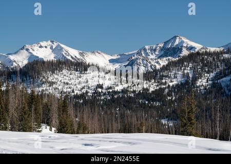 Les sommets enneigés des hautes montagnes sont des reculs vers la station de ski de Wolf Creek, Colorado. Les montagnes de San Juan reçoivent de généreuses quantités de neige. Banque D'Images
