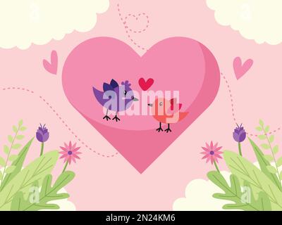 Tiré à la main de Birds couple Love. Illustration du vecteur de la Saint-Valentin. Illustration de Vecteur
