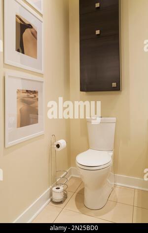 toilettes en porcelaine haute cuve blanche et armoire contemporaine en bois stratifié brun sur le mur dans la salle de bains à l'intérieur de l'appartement rénové dans le vieux bâtiment. Banque D'Images