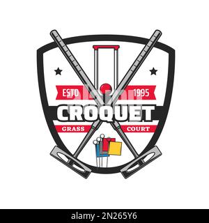 Icône de sport croquet, emblème ou panneau rétro. Compétition ou tournoi de sport, concours d'équipe de croquet ou symbole vintage de ligue de clubs avec maillet ou marteau, ballon, portail de cricket ou de panier, drapeaux d'angle Illustration de Vecteur