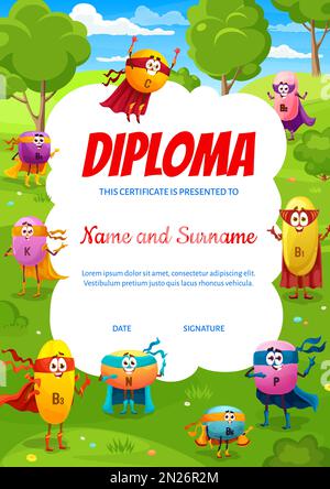 Diplôme pour enfants. Personnages de vitamines en micronutriments de super-héros de dessin animé sur la prairie. Prix pour l'éducation des enfants, diplôme ou certificat vectoriel du gagnant du concours avec K, B3 et N, B6, P, C, vitamines mignons personnages Illustration de Vecteur