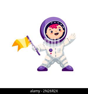 Adorable personnage de dessin animé surhéros d'astronaute de l'espace pour enfants. La technologie de la science des vecteurs est un personnage cosmique avec un drapeau entre les mains Illustration de Vecteur