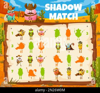 Jeu Shadow Match. Caractères sauvages de cowboy de dessin animé de l'ouest, shérif, bandit et de vitamine de voleur. Quiz de recherche de silhouette, feuille de calcul de vecteur de casse-tête avec Cu, se, mg et P, CA, Cl cute personnages Illustration de Vecteur