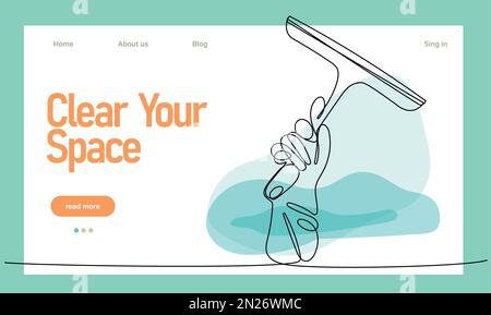 Dessin continu d'une ligne de mains portant des gants en caoutchouc surface de nettoyage avec un chiffon en microfibre ou une éponge et un spray désinfectant pendant la période de quarantaine prévue. Placez facilement votre texte et le logo de votre marque Illustration de Vecteur