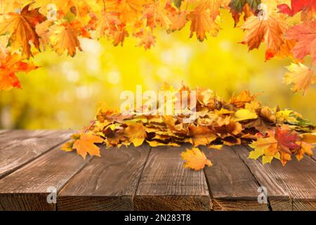 Surface en bois avec de belles feuilles d'automne sur fond flou Banque D'Images