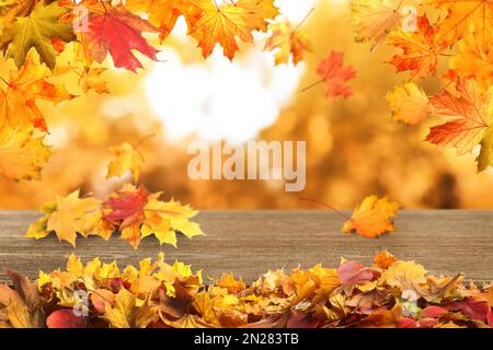 Surface en bois avec de belles feuilles d'automne sur fond flou Banque D'Images