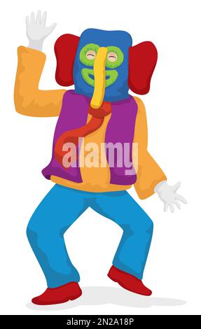 Happy Marimanda, un personnage traditionnel du Carnaval de Barranquilla avec un geste heureux et un déguisement coloré. Conception isolée dans un style de dessin animé. Illustration de Vecteur