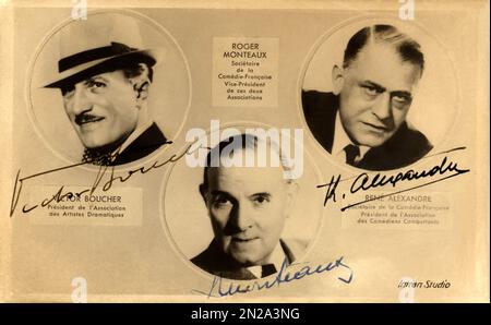 1930 c., Paris , FRANCE : les acteurs de scène français Roger MONTEAUX ( 1879 - 1974 ), VICTOR BOUCHER ( 1877 - 1942 ) et René ALEXANDRE ( 1885 - 1946 ), liés à la Comédie française . Photo par Intraan Studio , Paris . - HISTOIRE - FOTO STORICHE - ATTORE TEATRALE - TEATRO - THEATRE - PORTRAIT - RITRATTO - AUTOGRAFO - AUTOGRAPH - FIRMA - SIGNATURE - CINÉMA - FILM --- ARCHIVIO GBB Banque D'Images