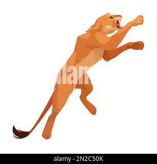 Lioness, saut et morsure de chat sauvage. Animal félin africain en colère, personnage de lion femelle en saut pose isolée sur fond blanc, illustration de dessin animé vectoriel Illustration de Vecteur