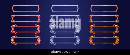 Cadres rectangulaires vides de style médiéval pour la conception d'une interface utilisateur de jeu. Ensemble de dessins animés vectoriels d'éléments d'interface utilisateur avec bordure ornée d'or, de bronze et d'argent, plaçant le panneau de progression isolé sur l'arrière-plan Illustration de Vecteur