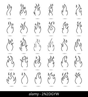Dessin au trait logo de flamme de feu, icônes de couleur noire illustration vectorielle isolée sur fond blanc. Illustration de Vecteur