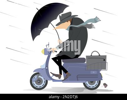 Une journée pluvieuse et venteuse et un scooter est à votre service. Un homme avec un parapluie prend un scooter sous le vent fort et la pluie. Isolé sur fond blanc Illustration de Vecteur