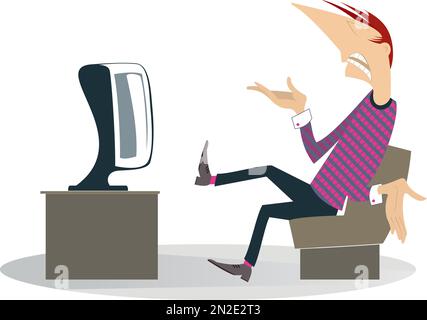 Homme contrarié regardant la télévision. Jeune homme assis dans le fauteuil avec les mains vers le haut regardant la télévision Illustration de Vecteur