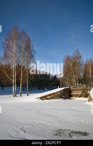 Paysage ensoleillé de parc d'hiver à Mustola, Lappeenranta Finlande Banque D'Images