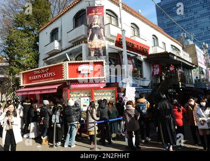 Marion crêpes sur la rue Takeshita à Harajuku, Tokyo, Japon. Banque D'Images