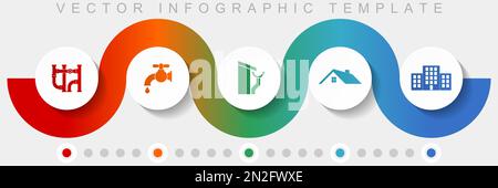 Modèle vectoriel d'infographies de services à domicile avec jeu d'icônes, icônes diverses telles que tuyau, robinet, toit et gouttière, maison et bâtiment pour la conception de sites Web et m Illustration de Vecteur