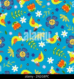 Joli motif sans couture avec perroquets lumineux et flore tropicale Illustration de Vecteur