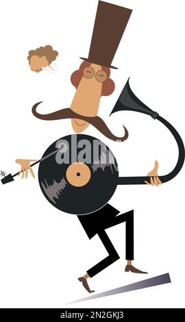 Illustration d'un lecteur de disques MAN et rétro. Drôle de moustache homme dans le chapeau est à l'écoute de la musique de vintage record joueur isolé sur blanc Illustration de Vecteur