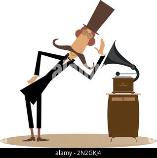 Illustration d'un lecteur de disques MAN et rétro. Drôle de moustache homme dans le chapeau est à l'écoute de la musique de vintage record joueur isolé sur blanc Illustration de Vecteur