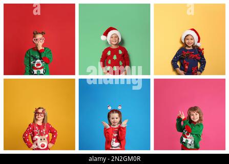 Collage avec photos d'enfants mignons dans différents sweaters de Noël sur fond de couleur Banque D'Images