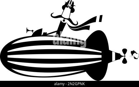 Illustration d'un homme de moustache drôle sur le vaisseau aérien. Un homme de moustache en forme de bande dessinée vole sur le vaisseau aérien en noir sur une illustration blanche Illustration de Vecteur