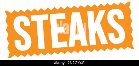 TEXTE SUR LES STEAKS inscrit sur l'affiche orange en zigzag. Banque D'Images