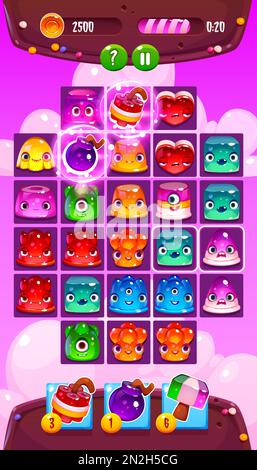 Application de jeu mobile avec créatures géantes. Dessin animé vectoriel de visages de slime mignons avec des émotions différentes, des personnages de gel extraterrestre, bombe, dynamite, icônes de partition, boutons de l'écran de l'interface utilisateur, barre de progression Illustration de Vecteur