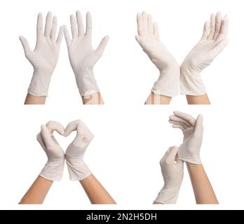 Collage avec photos de femme portant des gants médicaux sur fond blanc, gros plan Banque D'Images