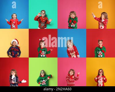 Collage avec des photos d'enfants adorables dans différents sweaters de Noël sur fond de couleur Banque D'Images