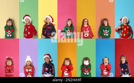 Collage avec des photos d'enfants adorables dans différents sweaters de Noël sur fond de couleur Banque D'Images