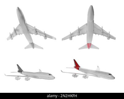 Ensemble de jouets avions isolés sur blanc, vue à angles divers Banque D'Images