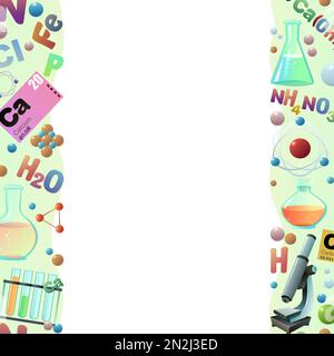 Cadre vertical sans couture pour la chimie. Style de dessin animé. Étude et production de minéraux. Organique et inorganique. Parties de base moléculaire et atomique Illustration de Vecteur