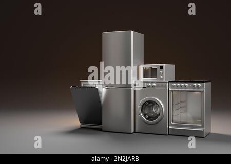 Maquette réaliste d'un lave-linge, lave-vaisselle, cuisinière et réfrigérateur sur fond bleu. 3D appareils ménagers pour les tâches ménagères. Banque D'Images