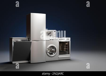 Appareils. Ensemble d'appareils ménagers de cuisine isolés sur gris. Réfrigérateur, cuisinière électrique, lave-vaisselle et lave-linge. 3d illustration Banque D'Images