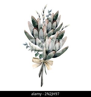 Bouquet d'aquarelle succulents avec branches d'eucaliptus et herbe avec noeud d'arc isolé sur fond blanc, clipart réaliste dessiné à la main Banque D'Images