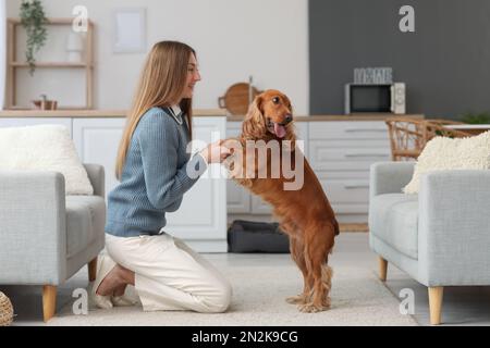 Jeune femme avec un épagneul cocker rouge dans la cuisine Banque D'Images