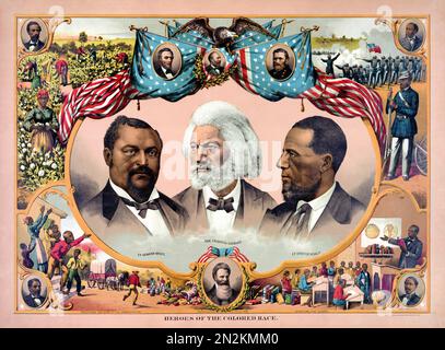 Héros de la course colorée. Affiche chromolithographique présentant des portraits de Blanche Kelso Bruce, Frederick Douglass et Hiram Rhodes Revels, avec des scènes historiques illustrant la vie et les progrès afro-américains aux États-Unis. Artiste inconnu. Affiche publiée en 1881 aux Etats-Unis. Banque D'Images