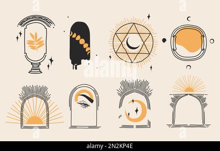 Illustration graphique abstraite vectorielle dessinée à la main avec ensemble de collection d'éléments de logo, portails d'arche magique et cadres avec phases de lune, fleurs, silhouettes Illustration de Vecteur