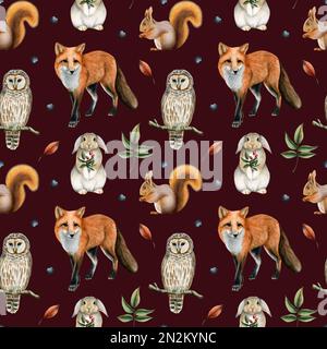 Motif bois sans couture avec aquarelle animaux de la forêt mignons, oiseaux et plantes sur fond brun foncé pour les textiles, les vêtements et les chambres pour enfants Banque D'Images