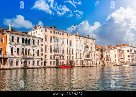 Façades de palais et maisons sur le Grand Canal à Venise, Vénétie, Italie Banque D'Images