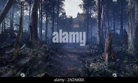 Un mystérieux vaisseau spatial est apparu dans la forêt faneuse de foggy de chemin. Concept de forêt mystère. 3d rendu Banque D'Images