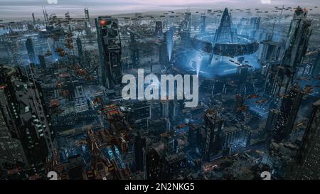 3D rendu. Grande ville future méga avec de nombreux grands bâtiments et des véhicules volants la nuit. Vue de dessus de l'antenne. Concept de technologie de nouvelle génération, f Banque D'Images