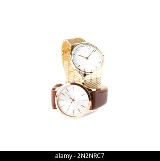 Montres-bracelets de luxe sur fond blanc. Accessoires de mode Banque D'Images