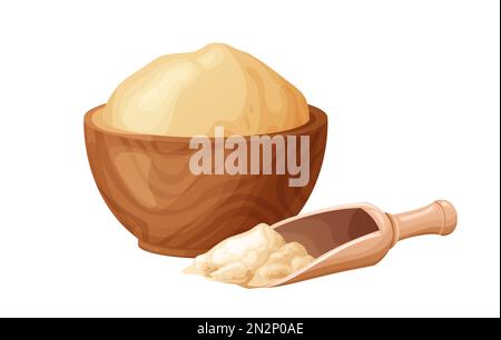 Pâte fraîche brute pour le bakind. Pain savoureux fait maison. Dessin animé d'une cuisine en bois avec broche à roulettes. Illustration vectorielle pour le menu, le café, le restaurant Illustration de Vecteur