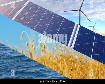 Collage avec photos d'eau, de champ, de panneaux solaires et d'éoliennes. Source d'énergie alternative Banque D'Images