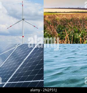 Collage avec photos d'eau, de champ, de panneaux solaires et d'éolienne. Source d'énergie alternative Banque D'Images
