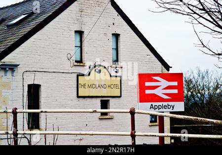 Midland Hotel and Appleby Station Sign, Appleby à Westmorland, Cumbria, Angleterre Banque D'Images