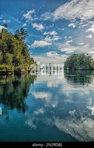 Réflexions de roches karstiques dans l'océan, Raja Ampat, Nouvelle-Guinée, Papouasie occidentale, Indonésie Banque D'Images